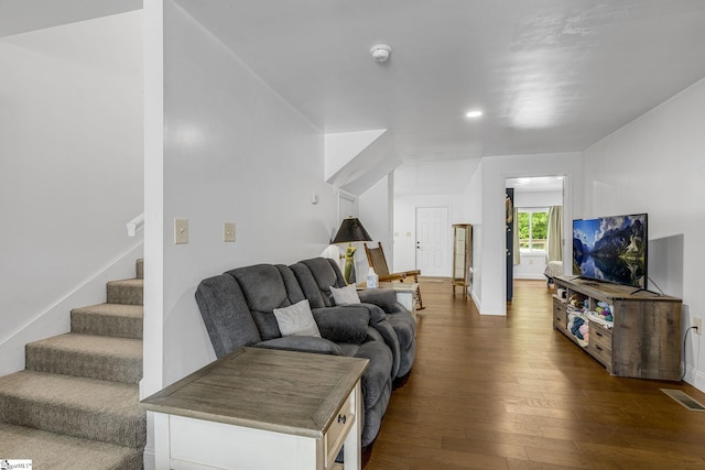 108A Holt Dr, Iva, SC 29655 - living area with dark wood finished floors, baseboards, visible vents, recessed lighting, and stairs
