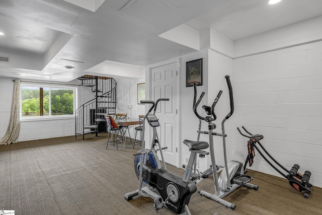 108A Holt Dr, Iva, SC 29655 - workout room with concrete block wall, visible vents, and carpet flooring