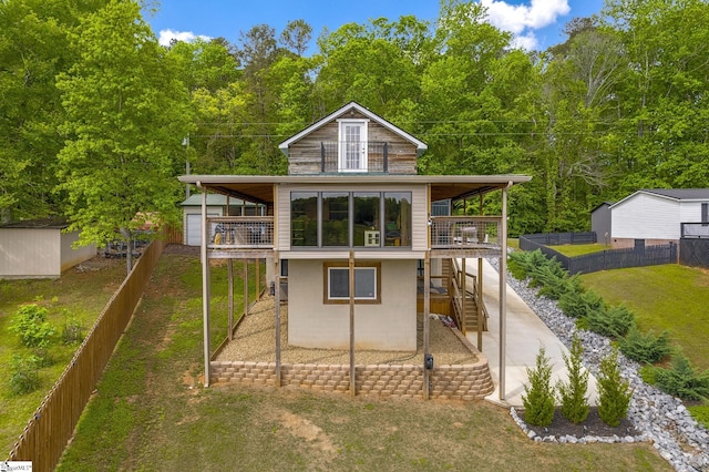 108A Holt Dr, Iva, SC 29655 - rear view of property featuring a deck, a fenced backyard, an outbuilding, a yard, and stairs