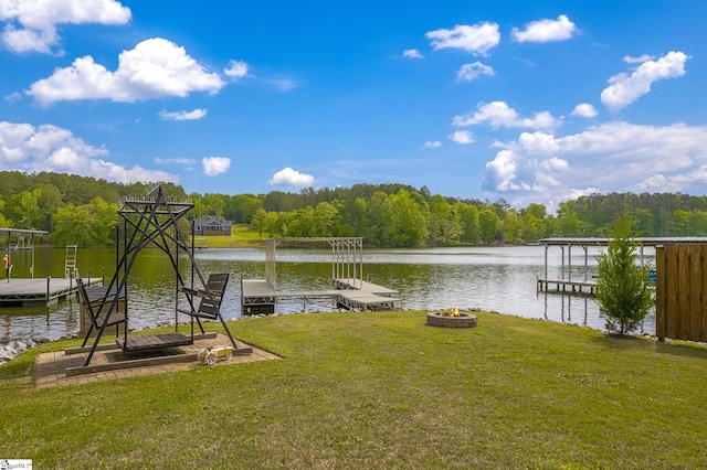 108A Holt Dr, Iva, SC 29655 - view of dock with a lawn, a view of trees, a water view, and a fire pit