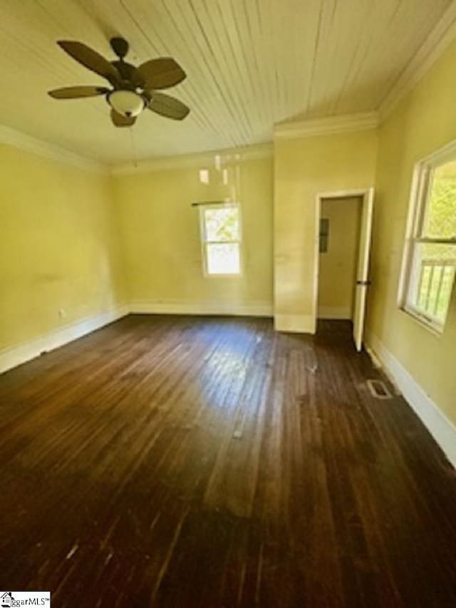 spare room with a healthy amount of sunlight, crown molding, and hardwood / wood-style flooring