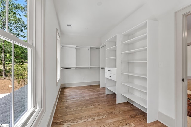 spacious closet featuring wood finished floors and visible vents