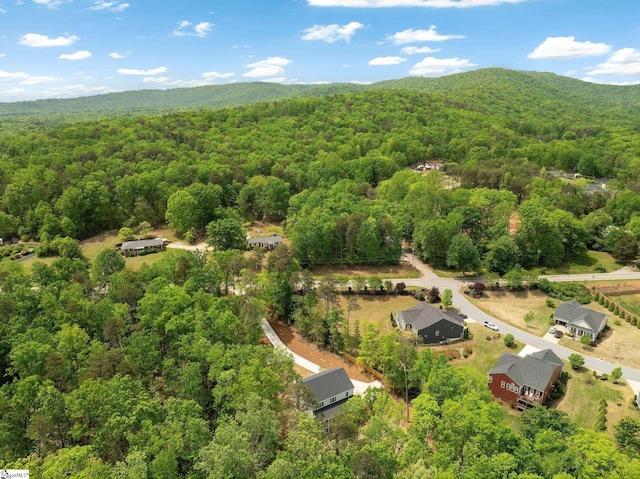 drone / aerial view with a wooded view and a mountain view