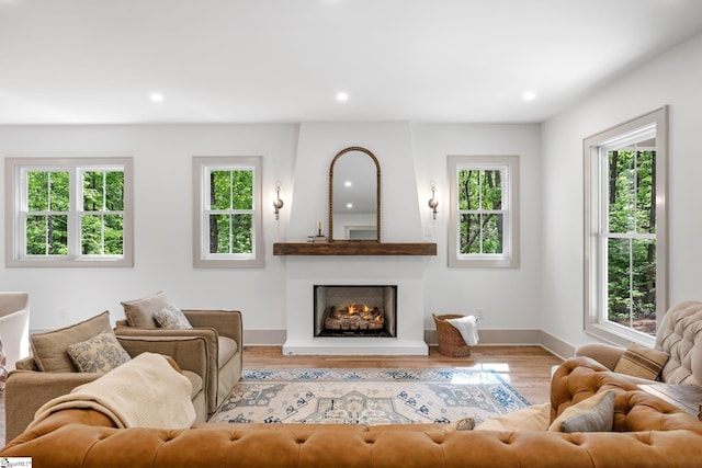 living room featuring wood finished floors, baseboards, a fireplace, and recessed lighting