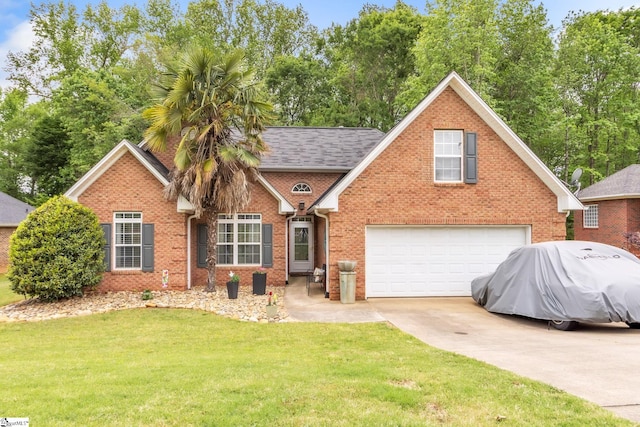 traditional home with driveway, brick siding, a garage, a shingled roof, and a front yard