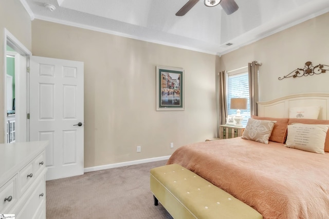 bedroom with a ceiling fan, crown molding, light colored carpet, baseboards, and visible vents