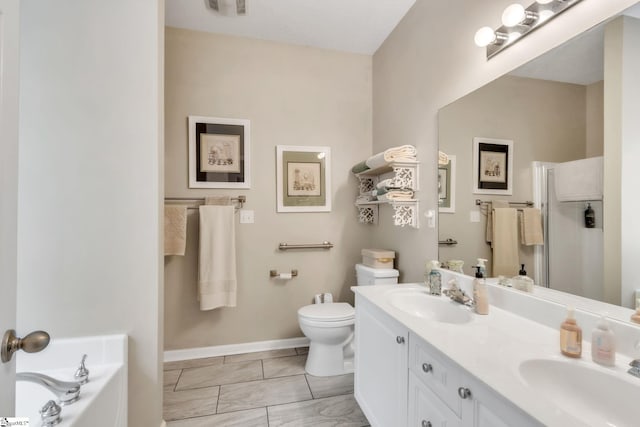bathroom with a bath, toilet, a sink, and a stall shower