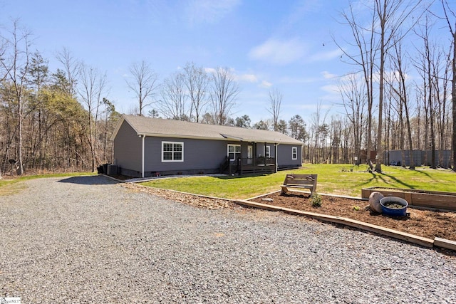 single story home with crawl space and a front lawn
