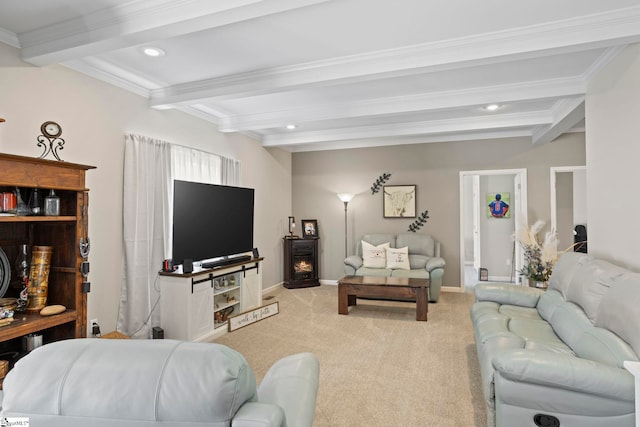 living room featuring beamed ceiling, light carpet, recessed lighting, and ornamental molding