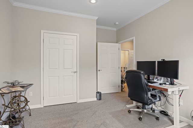 office featuring baseboards, crown molding, and carpet floors