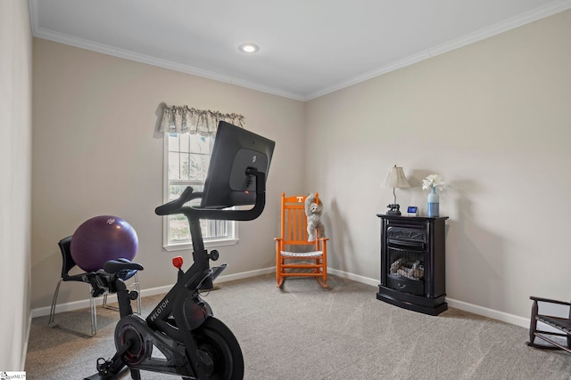 exercise room with baseboards, crown molding, and carpet