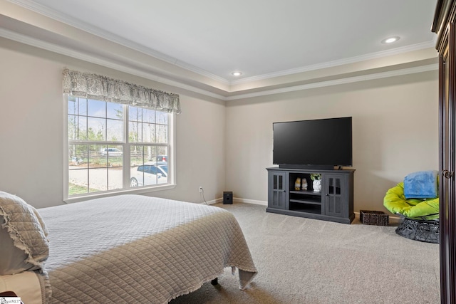 carpeted bedroom featuring baseboards, crown molding, and recessed lighting