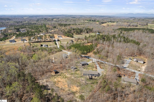 drone / aerial view featuring a forest view