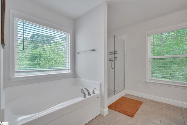 full bathroom with a stall shower, a garden tub, and a healthy amount of sunlight