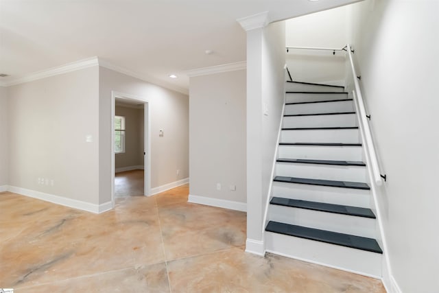 stairs featuring baseboards, concrete floors, recessed lighting, and ornamental molding