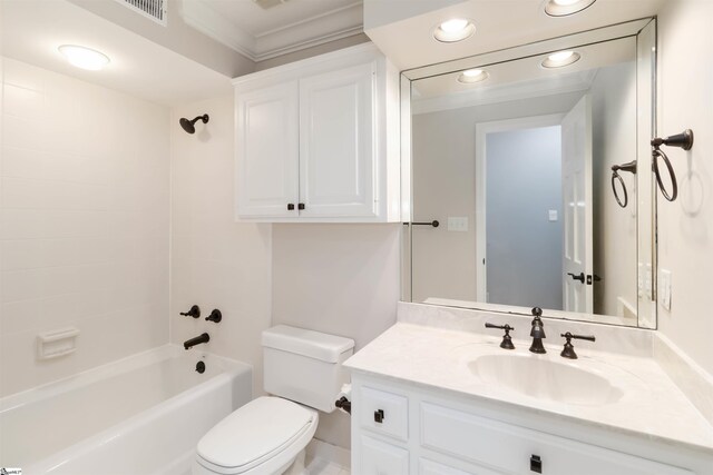 bathroom with  shower combination, toilet, visible vents, recessed lighting, and vanity