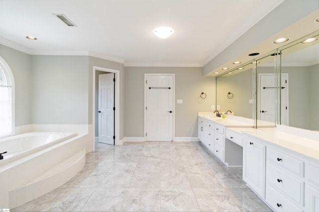 full bathroom with crown molding, a sink, a bath, double vanity, and visible vents