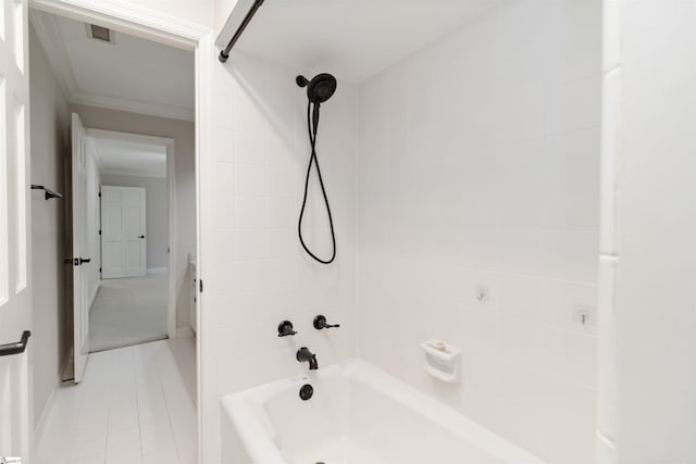 full bath with tile patterned floors, visible vents, crown molding, baseboards, and shower / bathing tub combination
