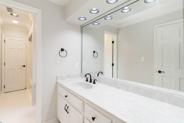 full bathroom featuring washtub / shower combination, recessed lighting, tile patterned floors, vanity, and ornamental molding