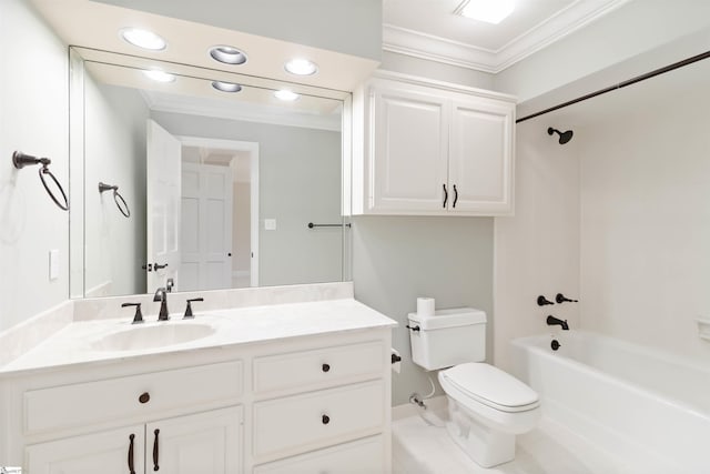 bathroom featuring crown molding, vanity, shower / washtub combination, toilet, and recessed lighting