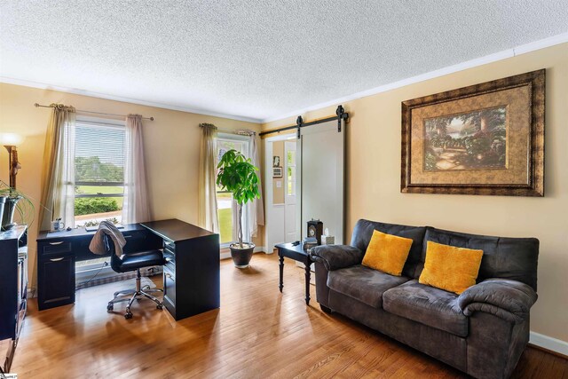 office with a barn door, wood finished floors, a textured ceiling, and ornamental molding