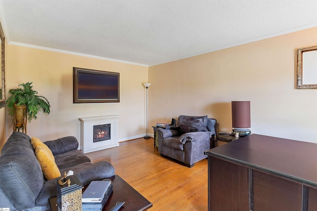 living room with a warm lit fireplace, ornamental molding, a textured ceiling, and light wood finished floors