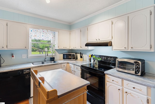 kitchen with black appliances, under cabinet range hood, a sink, and a textured ceiling