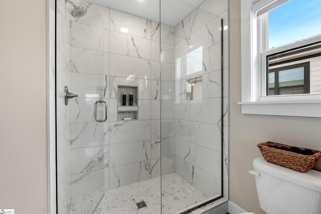 bathroom featuring toilet and a stall shower