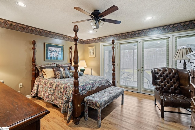 bedroom with recessed lighting, access to exterior, a ceiling fan, light wood-style flooring, and a textured ceiling