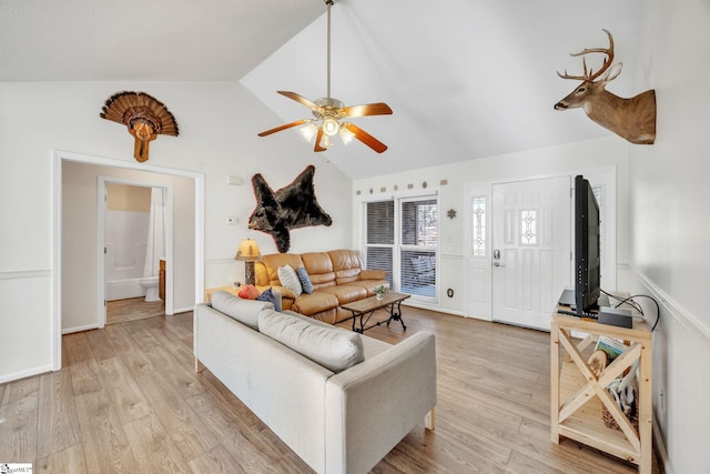 112 Jocassee Falls Rd, Salem, SC 29676 - living area with vaulted ceiling, ceiling fan, and light wood-style flooring