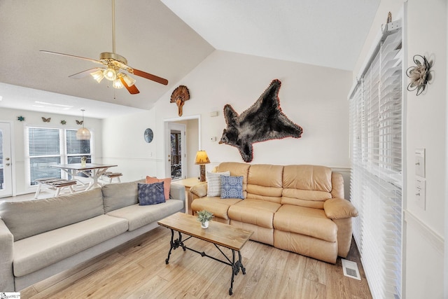 112 Jocassee Falls Rd, Salem, SC 29676 - living room with visible vents, high vaulted ceiling, light wood-style floors, and ceiling fan