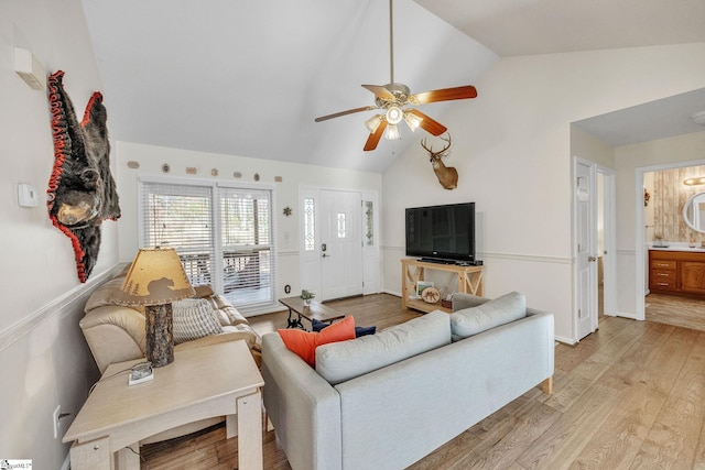 112 Jocassee Falls Rd, Salem, SC 29676 - living area featuring ceiling fan, vaulted ceiling, and light wood finished floors