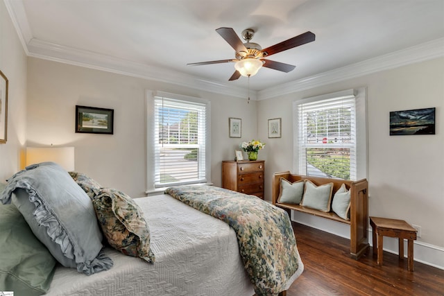 bedroom featuring multiple windows, ornamental molding, and dark wood-type flooring