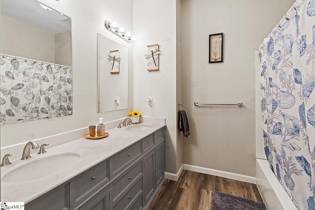 bathroom with double vanity, wood finished floors, baseboards, and a sink