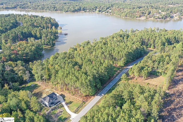 birds eye view of property featuring a view of trees and a water view