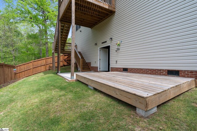 885 Affirmed Dr, Boiling Springs, SC 29316 - wooden deck with stairway, a lawn, and a fenced backyard