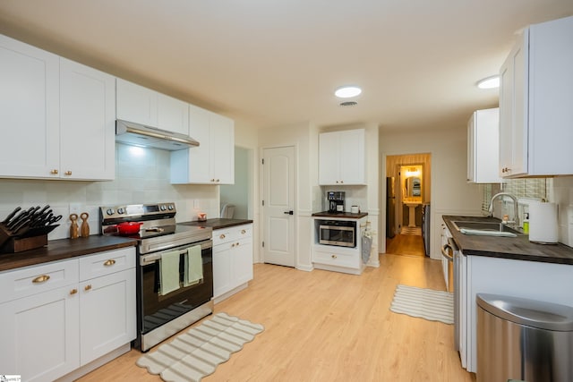409 Freeman Bridge Rd, Marietta, SC 29661 - kitchen with appliances with stainless steel finishes, a sink, under cabinet range hood, backsplash, and light wood-type flooring