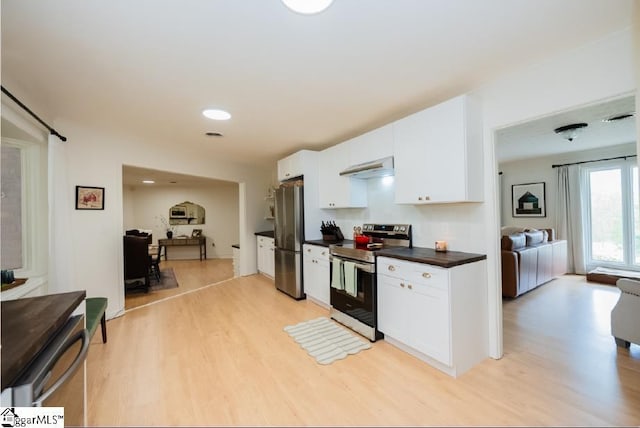 409 Freeman Bridge Rd, Marietta, SC 29661 - kitchen featuring stainless steel appliances, light wood-style floors, white cabinets, and dark countertops