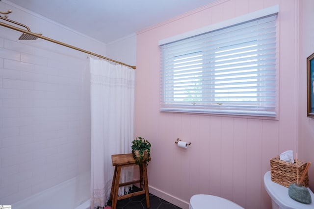 409 Freeman Bridge Rd, Marietta, SC 29661 - bathroom with toilet, curtained shower, and ornamental molding