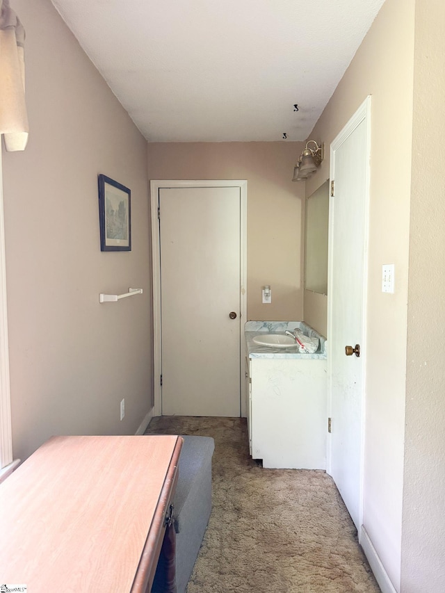 interior space featuring light carpet and a sink