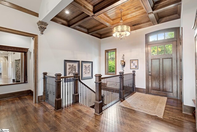 295 Chastain Hill Rd, Taylors, SC 29687 - foyer entrance with wood ceiling, dark wood-type flooring, beamed ceiling, and plenty of natural light