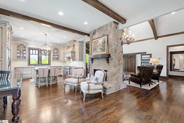 295 Chastain Hill Rd, Taylors, SC 29687 - living area featuring beamed ceiling, dark wood-style flooring, a notable chandelier, and a fireplace
