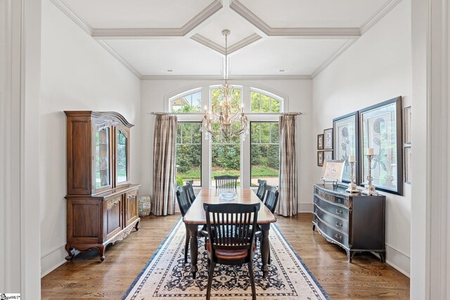 295 Chastain Hill Rd, Taylors, SC 29687 - dining area featuring coffered ceiling, a notable chandelier, crown molding, and light wood-style flooring