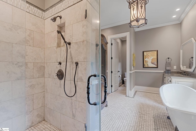 295 Chastain Hill Rd, Taylors, SC 29687 - full bathroom with toilet, crown molding, vanity, baseboards, and tiled shower