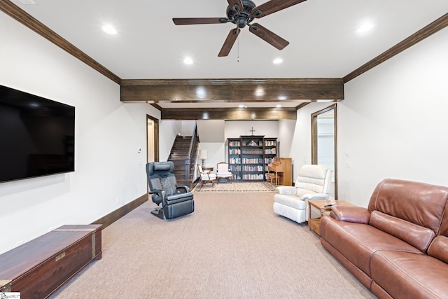 295 Chastain Hill Rd, Taylors, SC 29687 - living room with recessed lighting, a ceiling fan, stairs, crown molding, and carpet floors