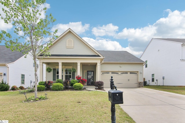 view of front of home with central air condition unit, a front lawn, driveway, covered porch, and a garage