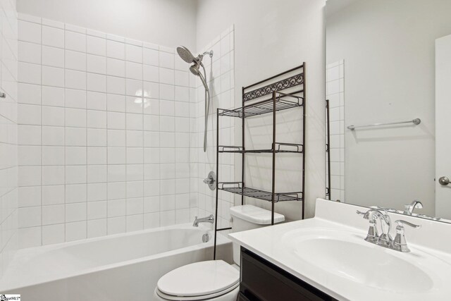 full bath with toilet, tub / shower combination, and vanity
