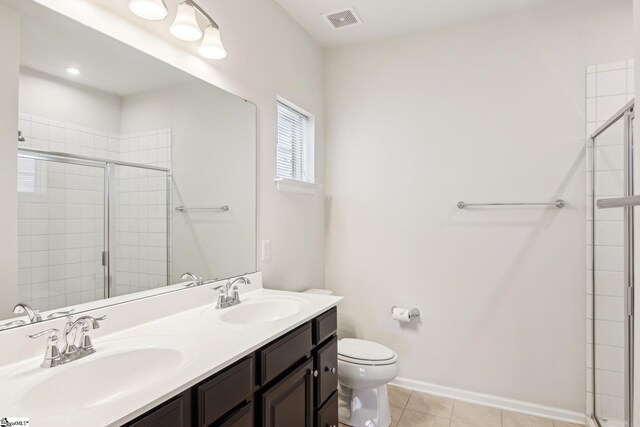 bathroom with visible vents, a shower stall, toilet, and a sink