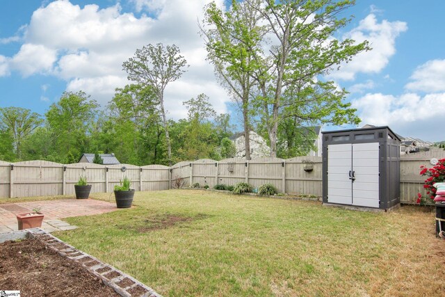 view of yard with a patio area, a fenced backyard, a storage unit, and an outbuilding