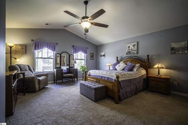 bedroom with lofted ceiling, visible vents, carpet floors, and ceiling fan